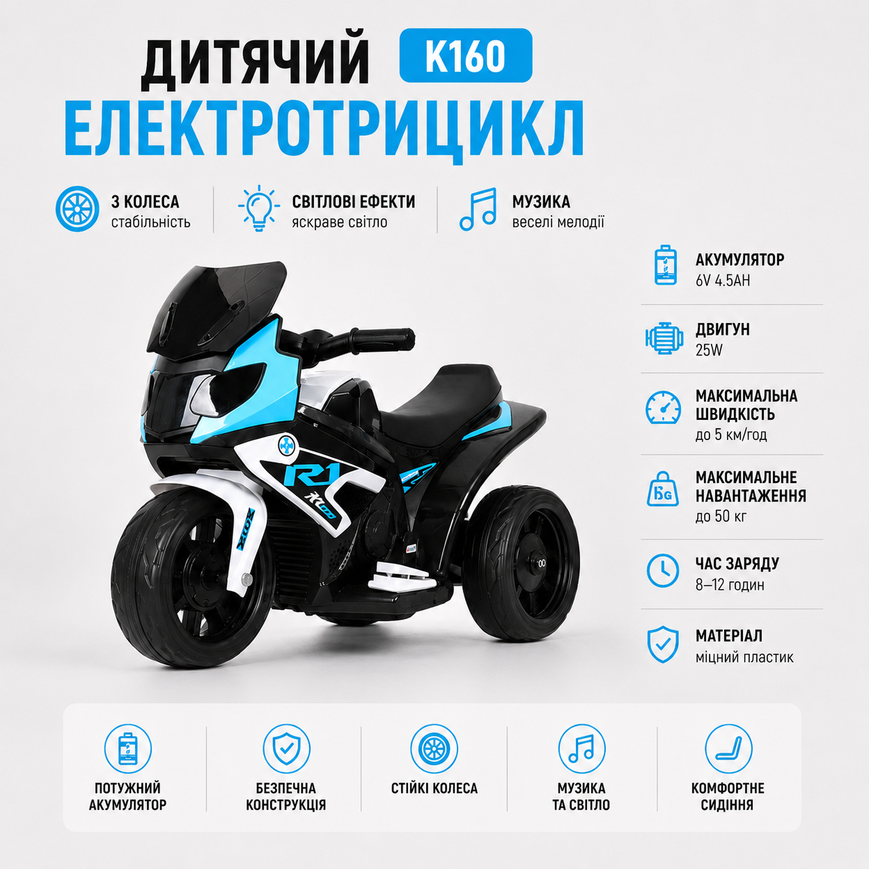 Блакитний дитячий електромотоцикл